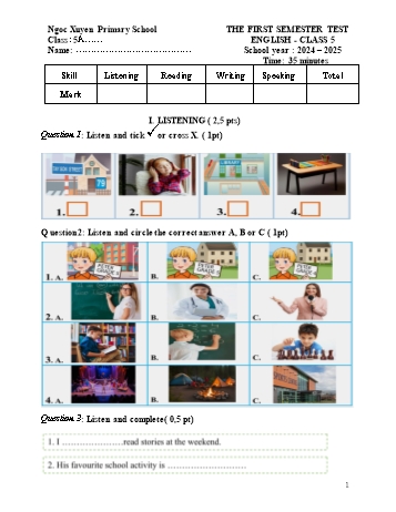 Đề kiểm tra học kỳ I môn Tiếng Anh Lớp 5 - Năm học 2024-2025 - Trường Tiểu học Ngọc Xuyên (Có đáp án)