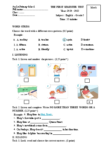 Đề kiểm tra học kỳ I môn Tiếng Anh Lớp 5 - Năm học 2024-2025 - Trường Tiểu học An Lư (Kèm đáp án + File nghe)