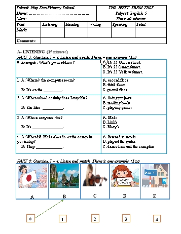 Đề kiểm tra học kỳ I môn Tiếng Anh Lớp 5 - Năm học 2024-2025 - Trường Tiểu học Hợp Đức (Có đáp án + Ma trận)