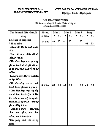 Đề kiểm tra học kỳ I môn Tiếng Việt 4 - Năm học 2024-2025 - Trường Tiểu học Nguyễn Huệ (Có đáp án + Ma trận)