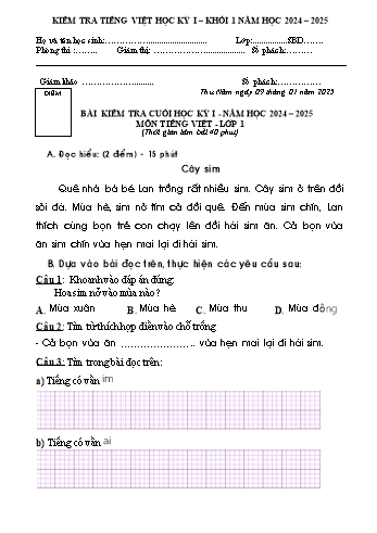 Đề kiểm tra học kỳ I môn Tiếng Việt Khối 1 - Năm học 2024-2025 - Trường Tiểu học Trưng Vương (Có đáp án)