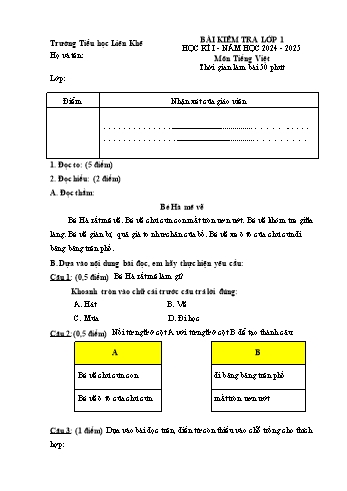 Đề kiểm tra học kỳ I môn Tiếng Việt Lớp 1 - Năm học 2024-2025 - Trường Tiểu học Liên Khê (Có đáp án)