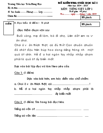 Đề kiểm tra học kỳ I môn Tiếng Việt Lớp 1 - Năm học 2024-2025 - Trường Tiểu học Trần Hưng Đạo (Có đáp án + Ma trận)