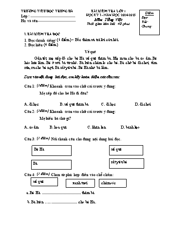 Đề kiểm tra học kỳ I môn Tiếng Việt Lớp 1 - Năm học 2024-2025 - Trường Tiểu học Trung Hà (Có đáp án + Ma trận)