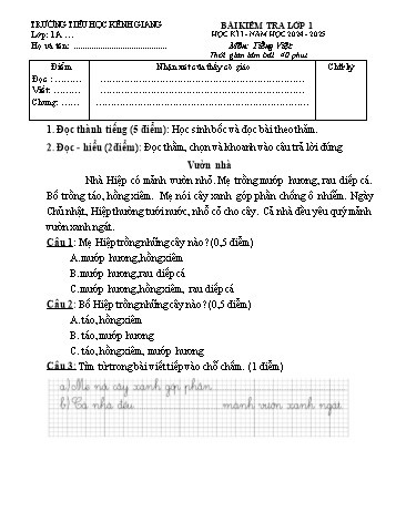 Đề kiểm tra học kỳ I môn Tiếng Việt Lớp 1 - Năm học 2024-2025 - Trường Tiểu học Kênh Giang (Có đáp án)