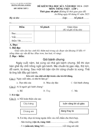 Đề kiểm tra học kỳ I môn Tiếng Việt Lớp 1 - Năm học 2024-2025 - Trường Tiểu học An Đồng