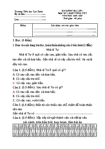 Đề kiểm tra học kỳ I môn Tiếng Việt Lớp 1 - Năm học 2024-2025 - Trường Tiểu học Lại Xuân (Có đáp án + Ma trận)