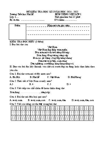 Đề kiểm tra học kỳ I môn Tiếng Việt Lớp 1 - Năm học 2024-2025 - Trường Tiểu học Phả Lễ (Có đáp án)