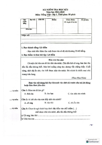Đề kiểm tra học kỳ I môn Tiếng Việt Lớp 1 - Năm học 2024-2025 - Trường Tiểu học Nguyễn Tri Phương