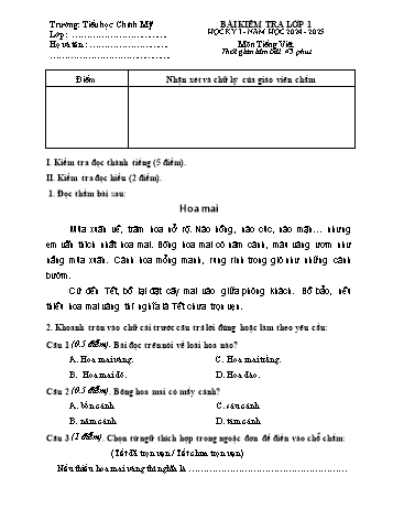 Đề kiểm tra học kỳ I môn Tiếng Việt Lớp 1 - Năm học 2024-2025 - Trường Tiểu học Chính Mỹ (Có đáp án + Ma trận)