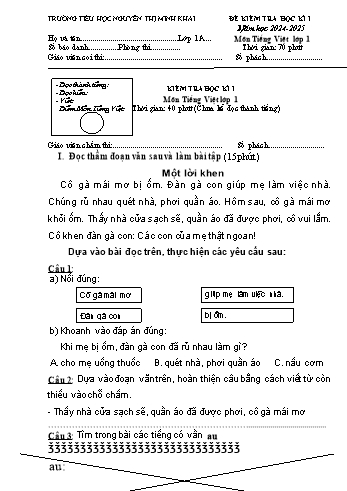 Đề kiểm tra học kỳ I môn Tiếng Việt Lớp 1 - Năm học 2024-2025 - Trường Tiểu học Nguyễn Thị Minh Khai (Có đáp án)