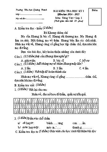 Đề kiểm tra học kỳ I môn Tiếng Việt Lớp 1 - Năm học 2024-2025 - Trường Tiểu học Quảng Thanh (Có đáp án + Ma trận)