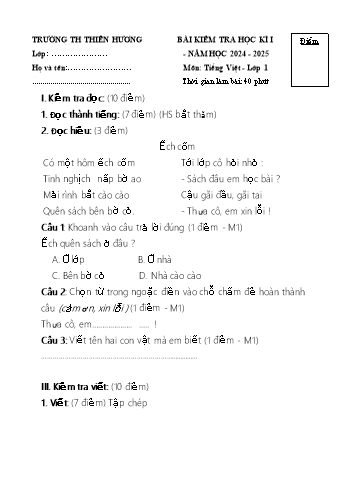 Đề kiểm tra học kỳ I môn Tiếng Việt Lớp 1 - Năm học 2024-2025 - Trường Tiểu học Thiên Hương (Có đáp án)