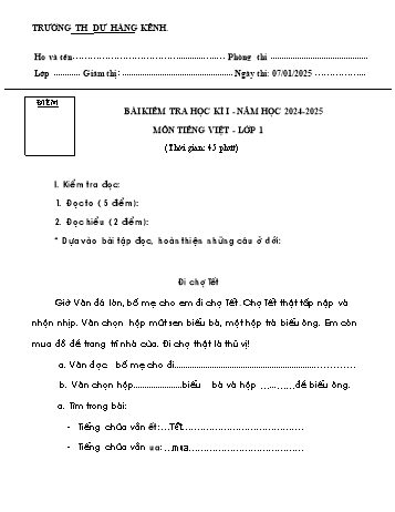 Đề kiểm tra học kỳ I môn Tiếng Việt Lớp 1 - Năm học 2024-2025 - Trường Tiểu học Dư Hàng Kênh (Có đáp án)