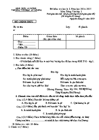 Đề kiểm tra học kỳ I môn Tiếng Việt Lớp 1 - Năm học 2024-2025 - Trường Tiểu học An Dương (Có đáp án)