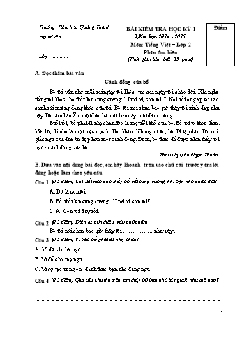 Đề kiểm tra học kỳ I môn Tiếng Việt Lớp 2 (Đọc hiểu) - Năm học 2024-2025 - Trường Tiểu học Quảng Thanh (Có đáp án + Ma trận)