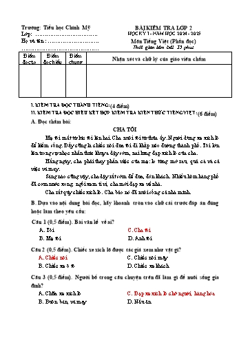 Đề kiểm tra học kỳ I môn Tiếng Việt Lớp 2 - Năm học 2024-2025 - Trường Tiểu học Chính Mỹ (Có đáp án + Ma trận)