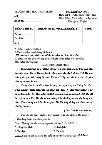 Đề kiểm tra học kỳ I môn Tiếng Việt Lớp 2 - Năm học 2024-2025 - Trường Tiểu học Thủy Triều (Có đáp án + Ma trận)