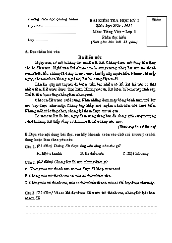 Đề kiểm tra học kỳ I môn Tiếng Việt Lớp 3 (Đọc hiểu) - Năm học 2024-2025 - Trường Tiểu học Quảng Thanh (Có đáp án + Ma trận)