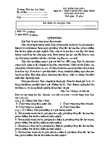 Đề kiểm tra học kỳ I môn Tiếng Việt Lớp 3 - Năm học 2024-2025 - Trường Tiểu học Lại Xuân (Có đáp án + Ma trận)
