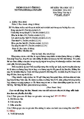 Đề kiểm tra học kỳ I môn Tiếng Việt Lớp 3 - Năm học 2024-2025 - Trường Tiểu học Tân Liên (Có đáp án)