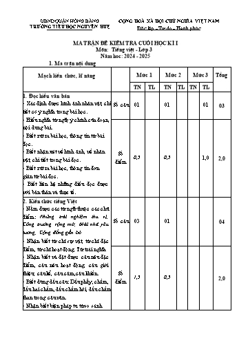 Đề kiểm tra học kỳ I môn Tiếng Việt Lớp 3 - Năm học 2024-2025 - Trường Tiểu học Nguyễn Huệ (Có đáp án + Ma trận)