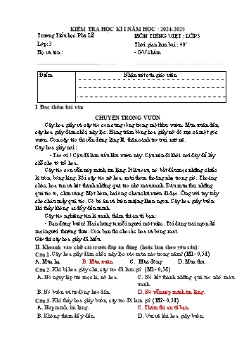 Đề kiểm tra học kỳ I môn Tiếng Việt Lớp 3 - Năm học 2024-2025 - Trường Tiểu học Phả Lễ (Có đáp án)