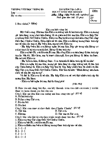 Đề kiểm tra học kỳ I môn Tiếng Việt Lớp 3 - Năm học 2024-2025 - Trường Tiểu học Trung Hà (Có đáp án + Ma trận)