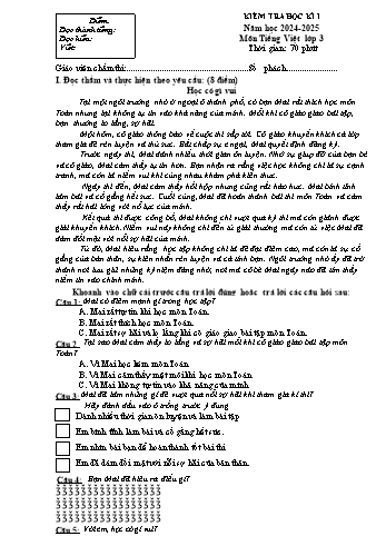 Đề kiểm tra học kỳ I môn Tiếng Việt Lớp 3 - Năm học 2024-2025 - Trường Tiểu học Nguyễn Thị Minh Khai (Có đáp án)