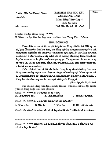 Đề kiểm tra học kỳ I môn Tiếng Việt Lớp 4 (Đọc hiểu) - Năm học 2024-2025 - Trường Tiểu học Quảng Thanh (Có đáp án + Ma trận)