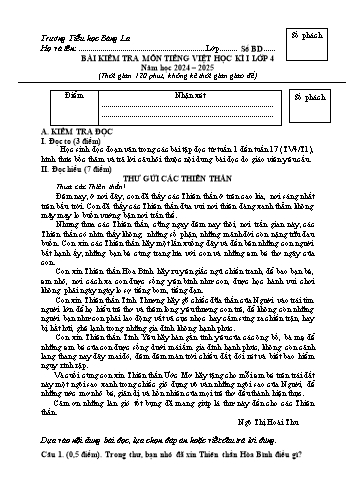 Đề kiểm tra học kỳ I môn Tiếng Việt Lớp 4 - Năm học 2024-2025 - Trường Tiểu học Bàng La (Có đáp án + Ma trận)