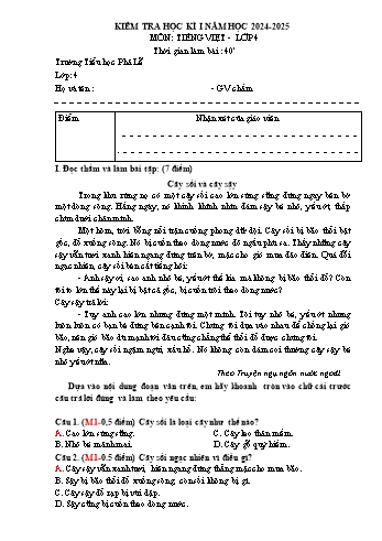 Đề kiểm tra học kỳ I môn Tiếng Việt Lớp 4 - Năm học 2024-2025 - Trường Tiểu học Phả Lễ (Có đáp án)