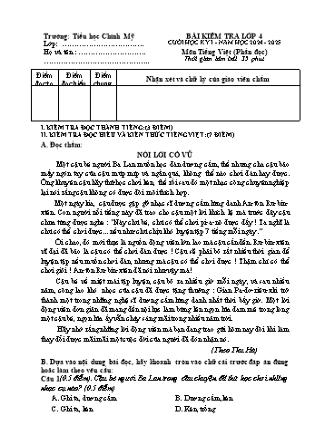 Đề kiểm tra học kỳ I môn Tiếng Việt Lớp 4 - Năm học 2024-2025 - Trường Tiểu học Chính Mỹ (Có đáp án + Ma trận)