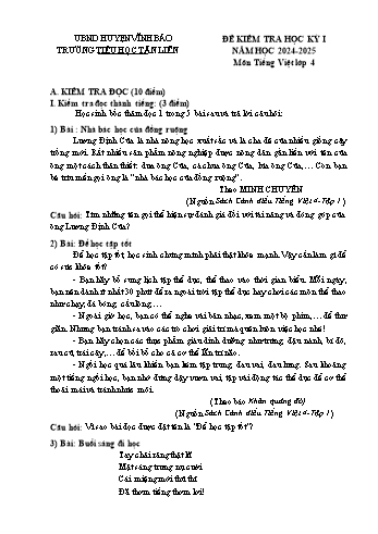 Đề kiểm tra học kỳ I môn Tiếng Việt Lớp 4 - Năm học 2024-2025 - Trường Tiểu học Tân Liên (Có đáp án)