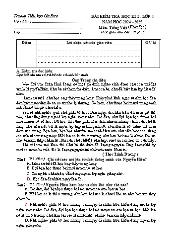 Đề kiểm tra học kỳ I môn Tiếng Việt Lớp 4 - Năm học 2024-2025 - Trường Tiểu học Gia Đức
