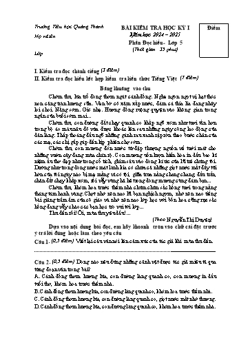 Đề kiểm tra học kỳ I môn Tiếng Việt Lớp 5 (Đọc hiểu) - Năm học 2024-2025 - Trường Tiểu học Quảng Thanh (Có đáp án)