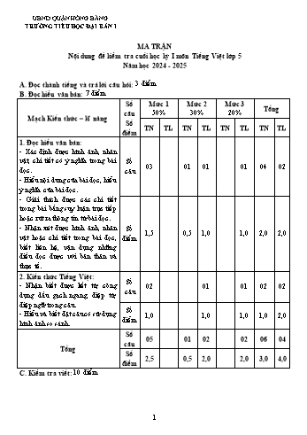 Đề kiểm tra học kỳ I môn Tiếng Việt Lớp 5 - Năm học 2024-2025 - Trường Tiểu học Đại Bản I (Có đáp án + Ma trận)