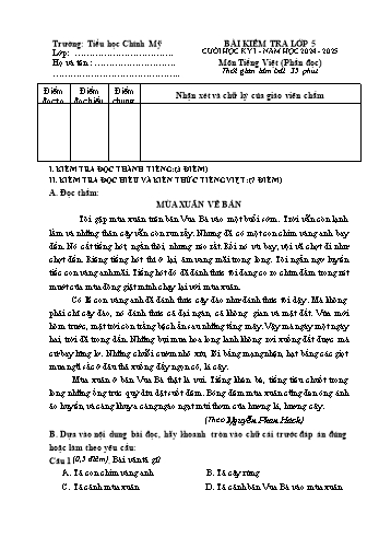 Đề kiểm tra học kỳ I môn Tiếng Việt Lớp 5 - Năm học 2024-2025 - Trường Tiểu học Chính Mỹ (Có đáp án + Ma trận)