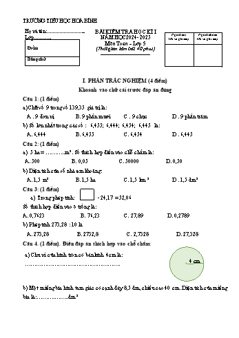Đề kiểm tra học kỳ I môn Tiếng Việt + Toán Lớp 5 - Năm học 2024-2025 - Trường Tiểu học Hòa Bình (Có đáp án)