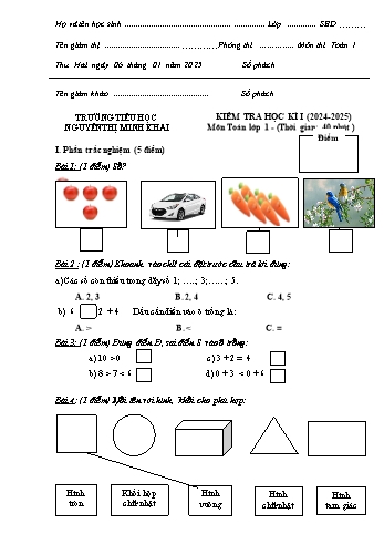 Đề kiểm tra học kỳ I môn Toán Lớp 1 - Năm học 2024-2025 - Trường Tiểu học Nguyễn Thị Minh Khai (Có đáp án + Ma trận)