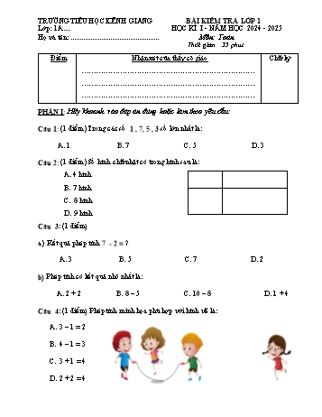 Đề kiểm tra học kỳ I môn Toán Lớp 1 - Năm học 2024-2025 - Trường Tiểu học Kênh Giang (Có đáp án + Ma trận)