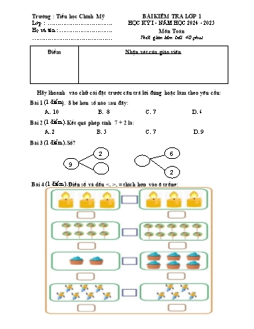 Đề kiểm tra học kỳ I môn Toán Lớp 1 - Năm học 2024-2025 - Trường Tiểu học Chính Mỹ (Có đáp án + Ma trận)