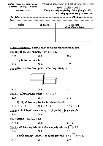 Đề kiểm tra học kỳ I môn Toán Lớp 1 - Năm học 2024-2025 - Trường Tiểu học An Đồng