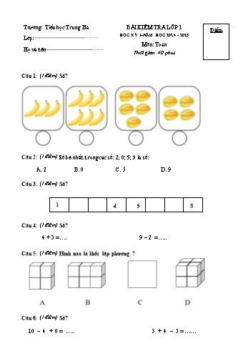 Đề kiểm tra học kỳ I môn Toán Lớp 1 - Năm học 2024-2025 - Trường Tiểu học Trung Hà (Có đáp án + Ma trận)