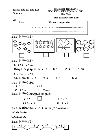 Đề kiểm tra học kỳ I môn Toán Lớp 1 - Năm học 2024-2025 - Trường Tiểu học Liên Khê (Có đáp án + Ma trận)