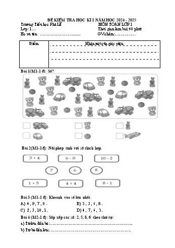 Đề kiểm tra học kỳ I môn Toán Lớp 1 - Năm học 2024-2025 - Trường Tiểu học Phả Lễ (Có đáp án)