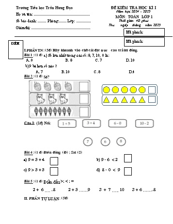 Đề kiểm tra học kỳ I môn Toán Lớp 1 - Năm học 2024-2025 - Trường Tiểu học Trần Hưng Đạo (Có đáp án + Ma trận)