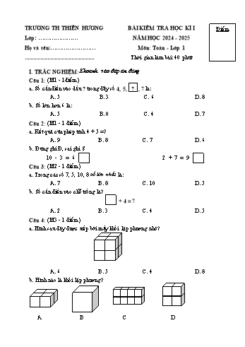 Đề kiểm tra học kỳ I môn Toán Lớp 1 - Năm học 2024-2025 - Trường Tiểu học Thiên Hương