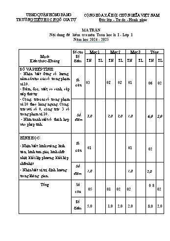 Đề kiểm tra học kỳ I môn Toán Lớp 1 - Năm học 2024-2025 - Trường Tiểu học Ngô Gia Tự (Có đáp án + Ma trận)