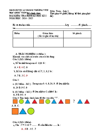 Đề kiểm tra học kỳ I môn Toán Lớp 1 - Năm học 2024-2025 - Trường Tiểu học Quốc Tuấn